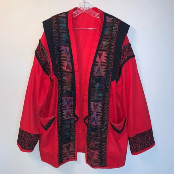 Vintage Handmade Red Black Multi Colour Open Front Jacket - Picture 1 of 16